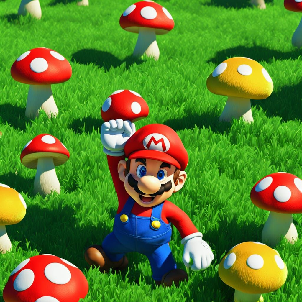 Mario in Vibrant Mushroom Kingdom Landscape