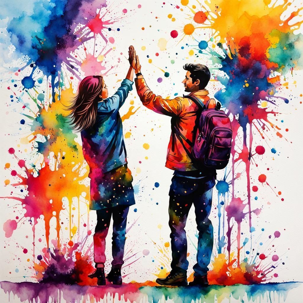 Vibrant Ink Splatter Watercolor of High Five Celebration