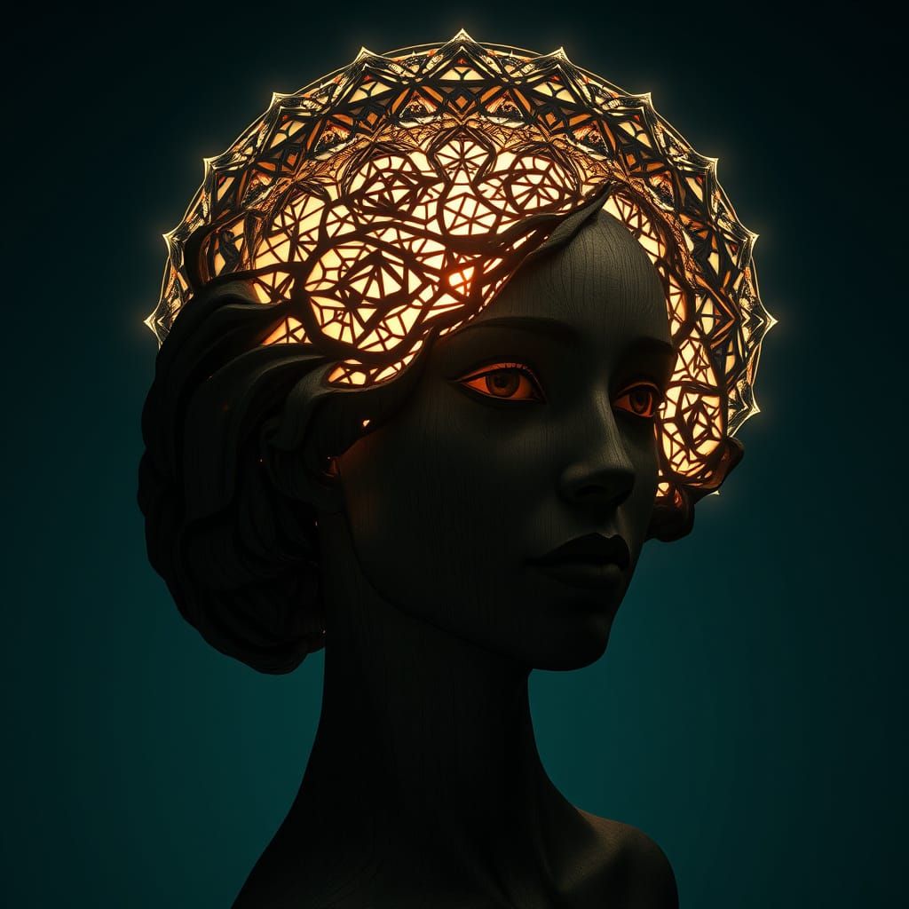 Carved Wooden Bust with Dreamlike Light