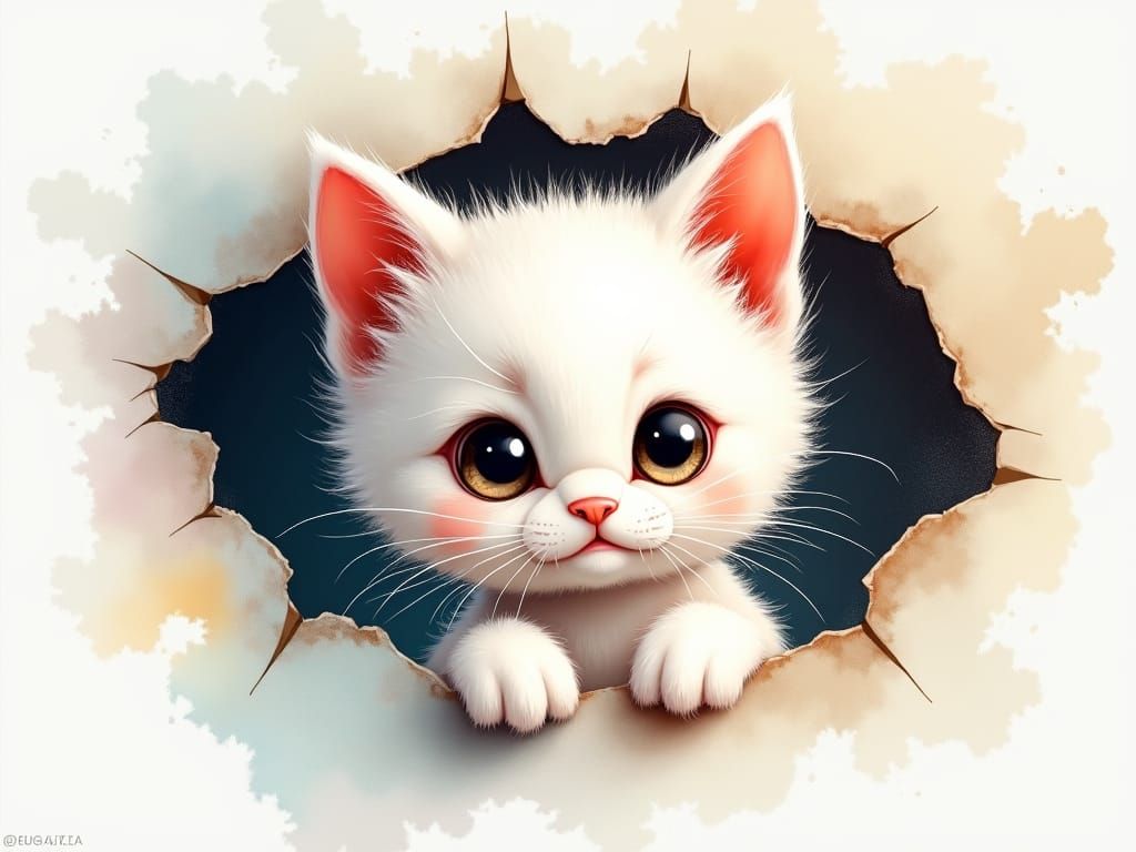 Kitten Peeking: Watercolor Illustration in Manga Style