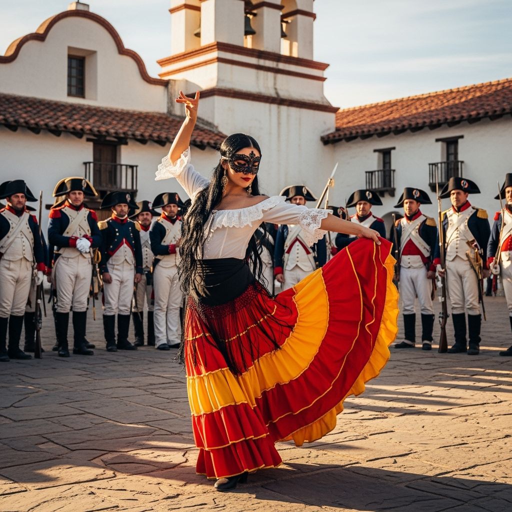 Latina Dancer in Lace Mask and Flowing Skirt, Spanish Missio...