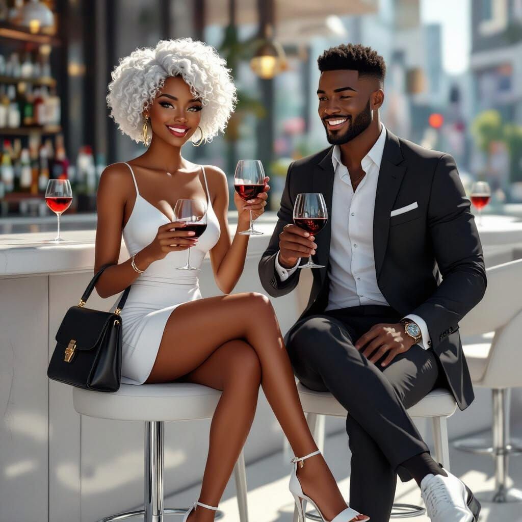 Animated Style Portrait of African Couple in City Bar