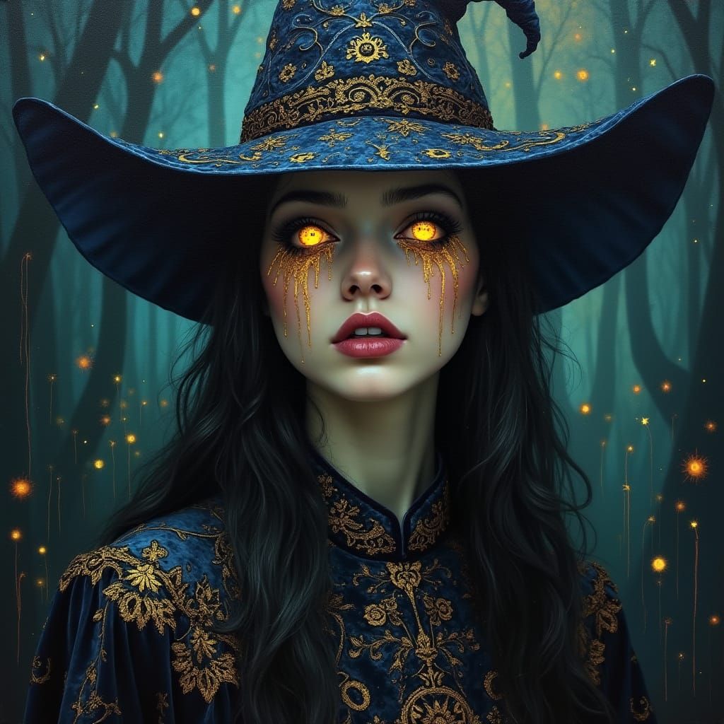 Mystical Witch Cries Gold Tears in Enchanted Forest