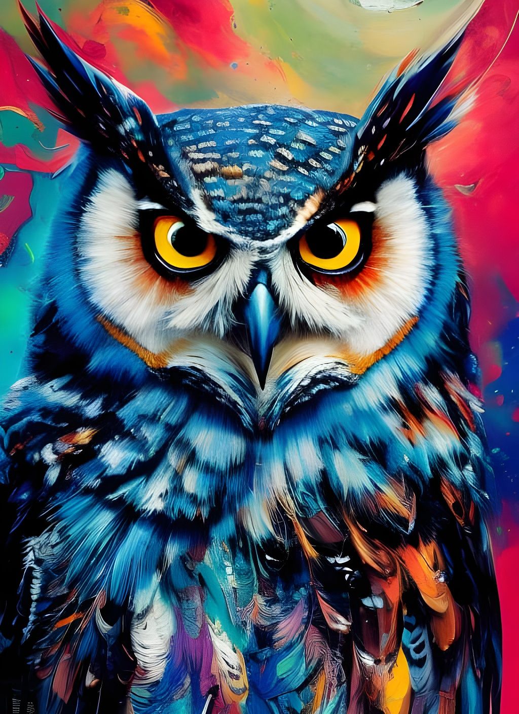 Badass Owl Portrait in Hyperdetailed Gouache Style
