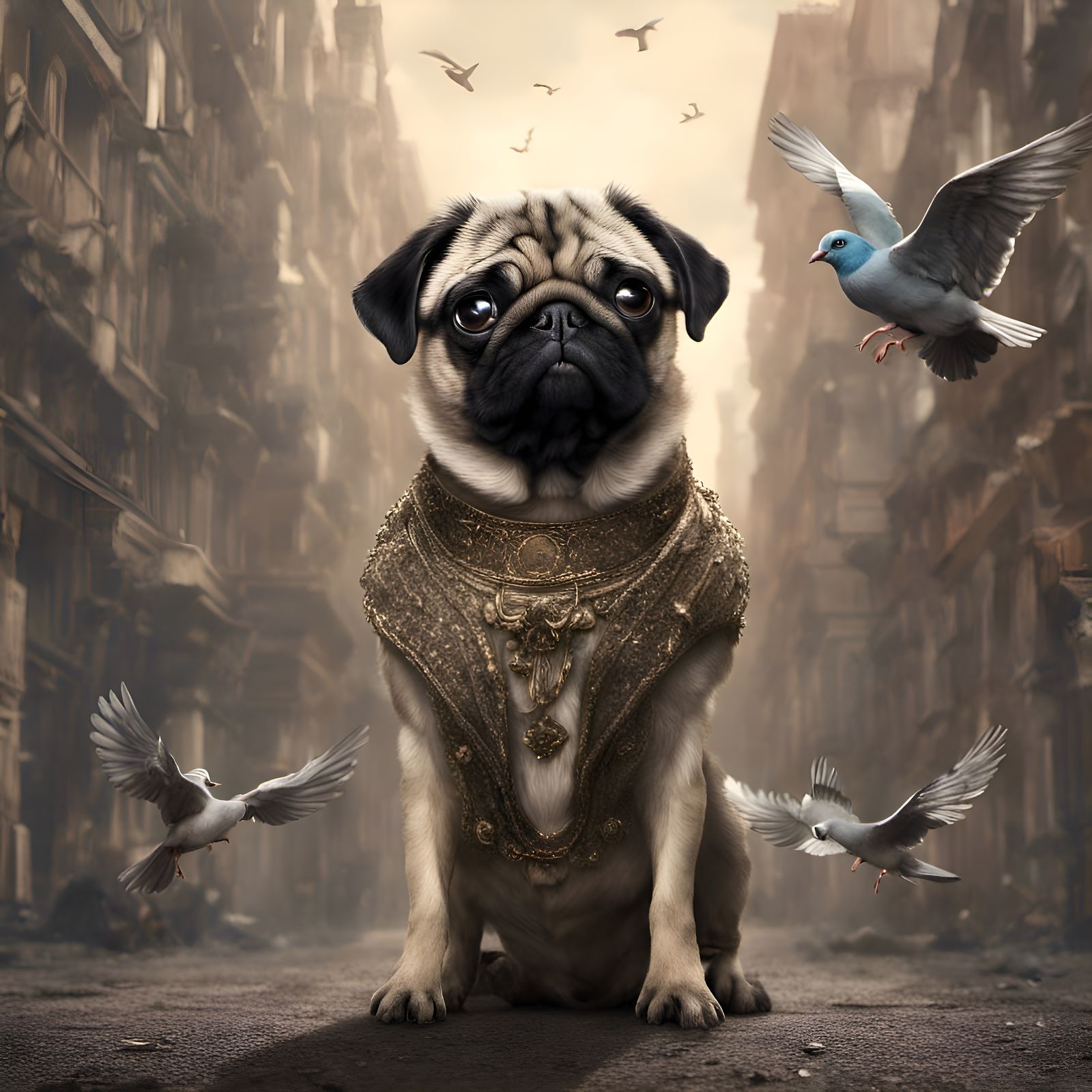 Pug and Pigeons in Digital Matte Painting