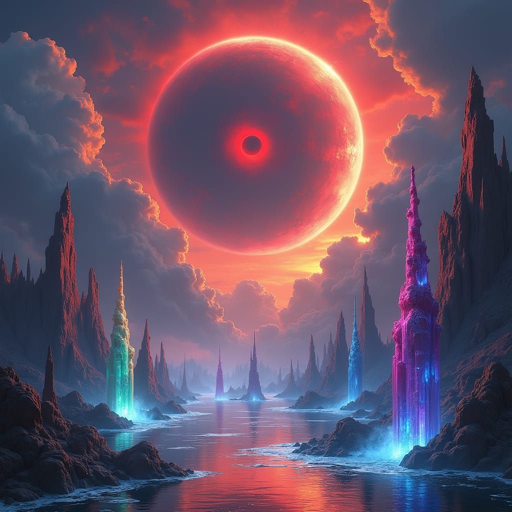 Ominous Planet Over Mystical Waterfalls: Surreal Dreamscape