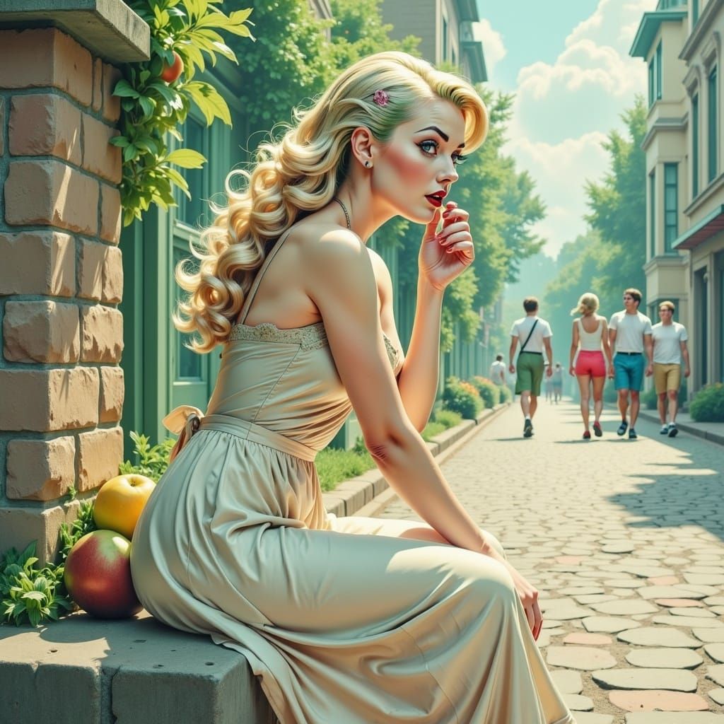 Blonde Maiden on Brick Wall, Fantasy Concept Art