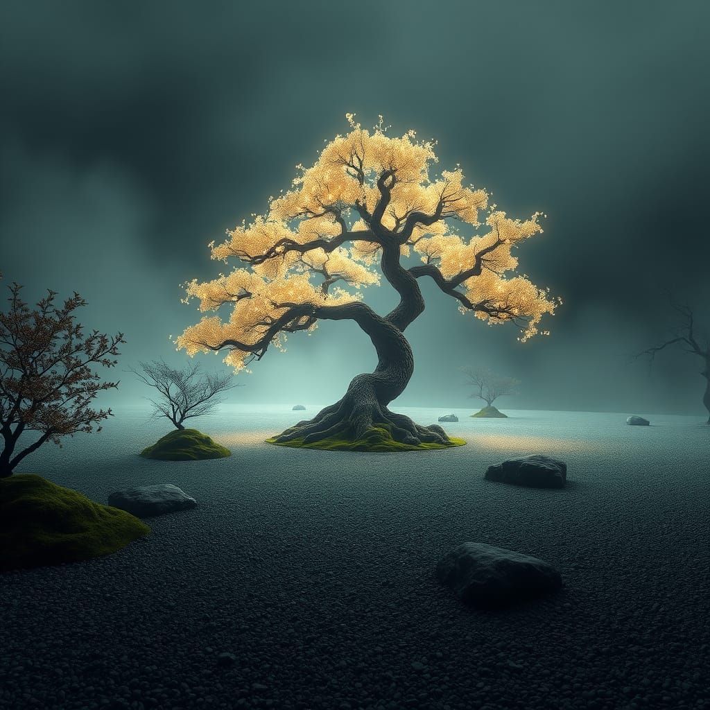 Luminous Zen Oasis with Gnarled Bonsai Tree