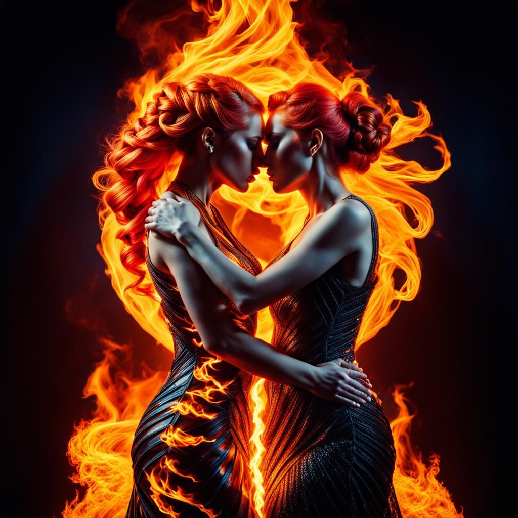 Passionate Lesbian Kiss in Double Exposure Fire Spiral