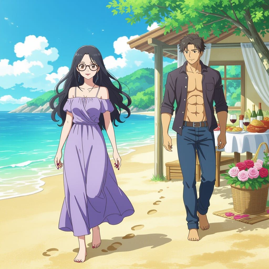 Romantic Beach Encounter in Anime Style