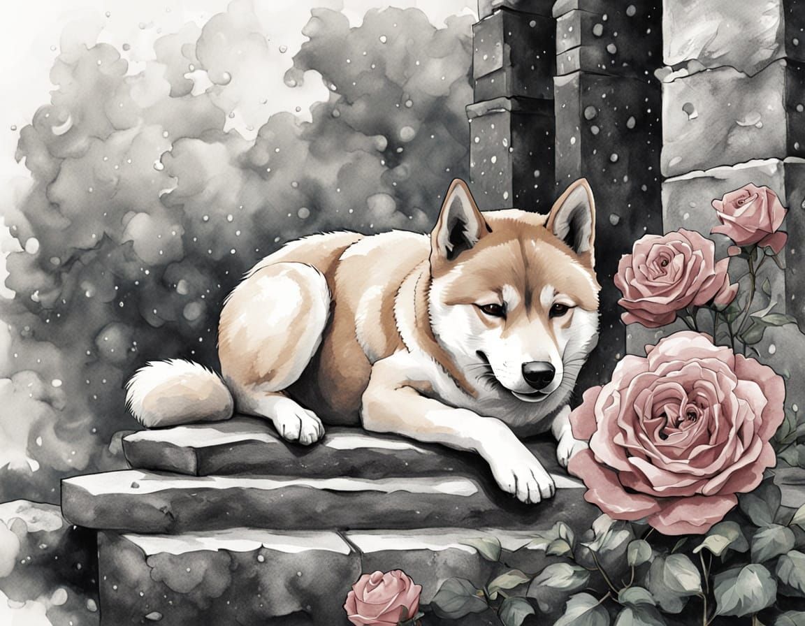 Sad Shiba Inu at Grave: Japanese Ink Wash