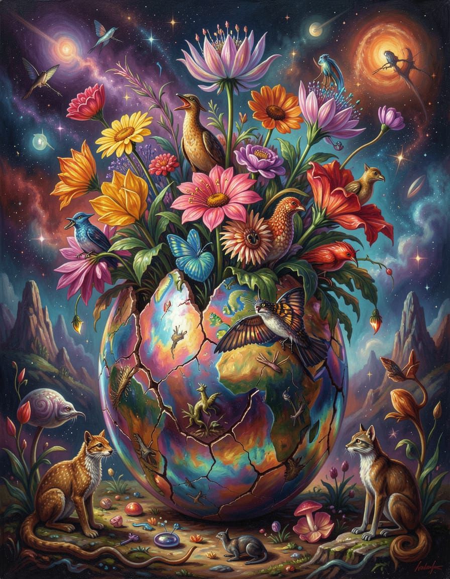 Surrealist Oil Painting of Life Bursting From an Iridescent ...