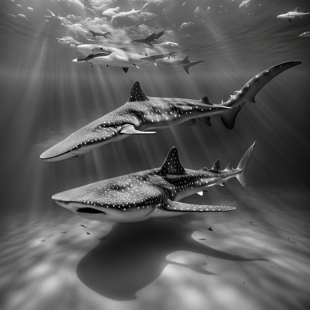 Whale Shark and Hammerhead Shark Underwater
