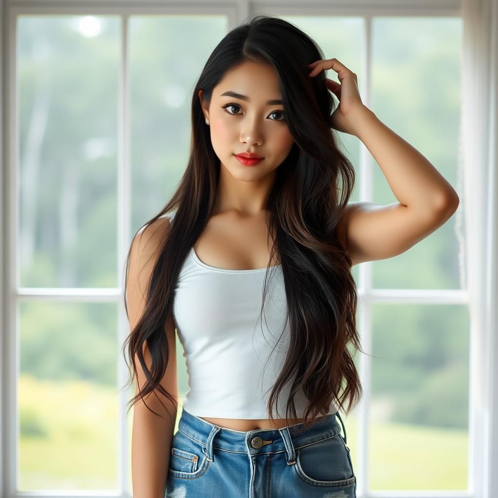 Confident Korean Woman with Blue Eyes in Soft Light