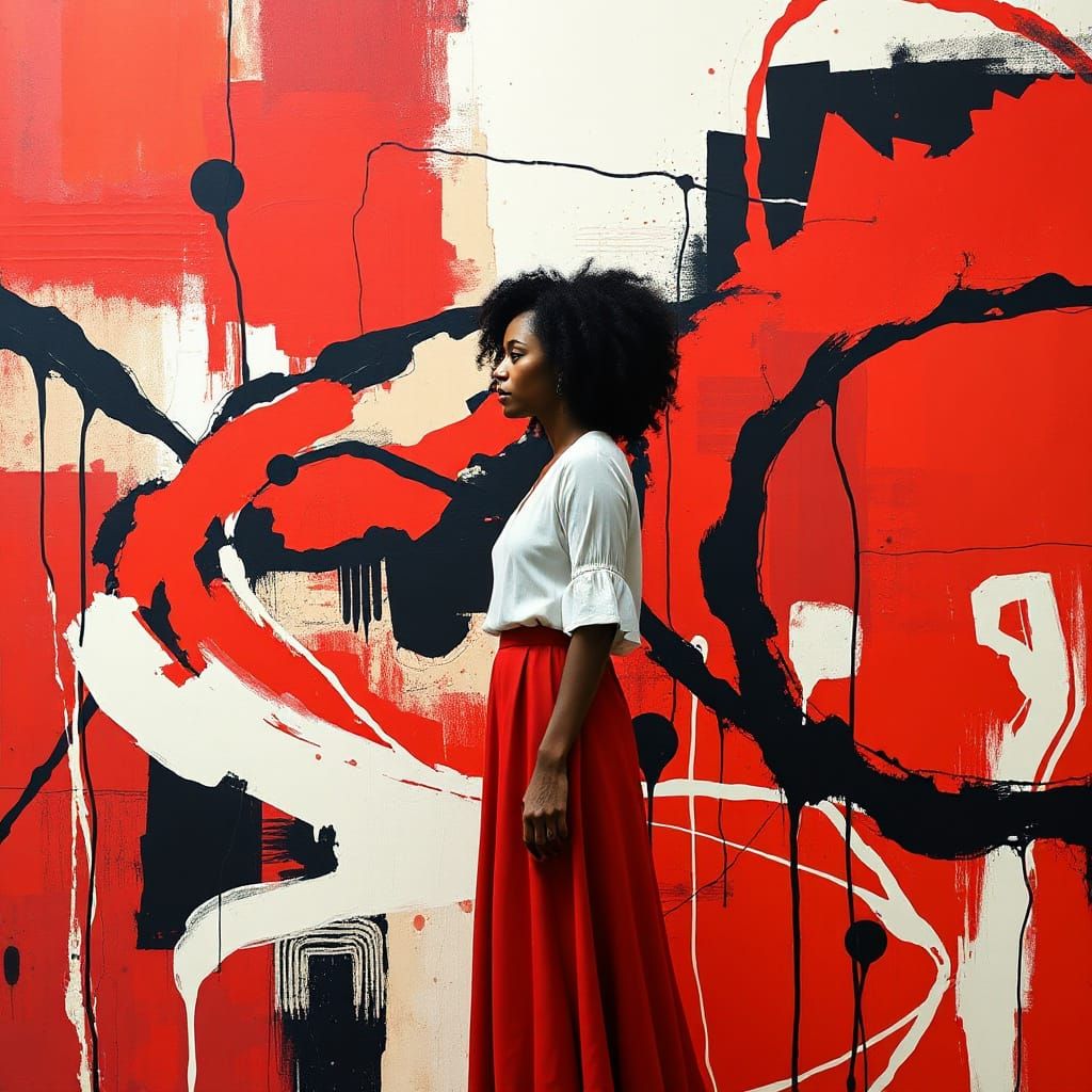 Vibrant Abstract Landscape with Contemplative Woman