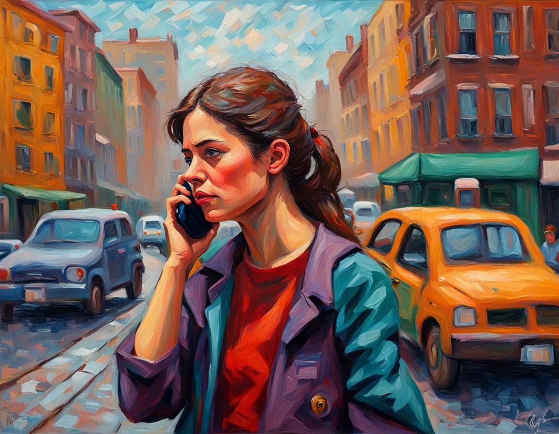 Woman on Phone in City Street, Impasto Painting