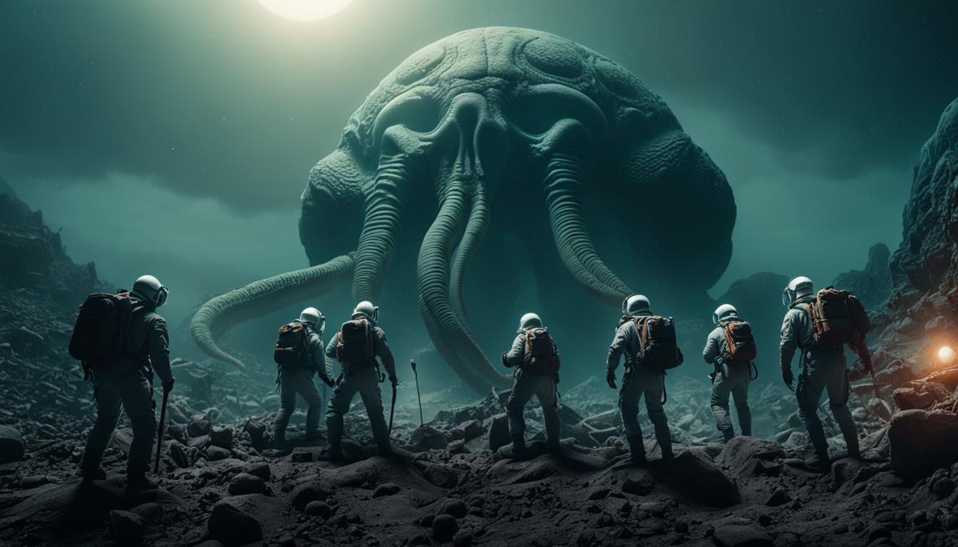 Astronauts Unearthing Colossal Cthulhu Skull on Planetoid