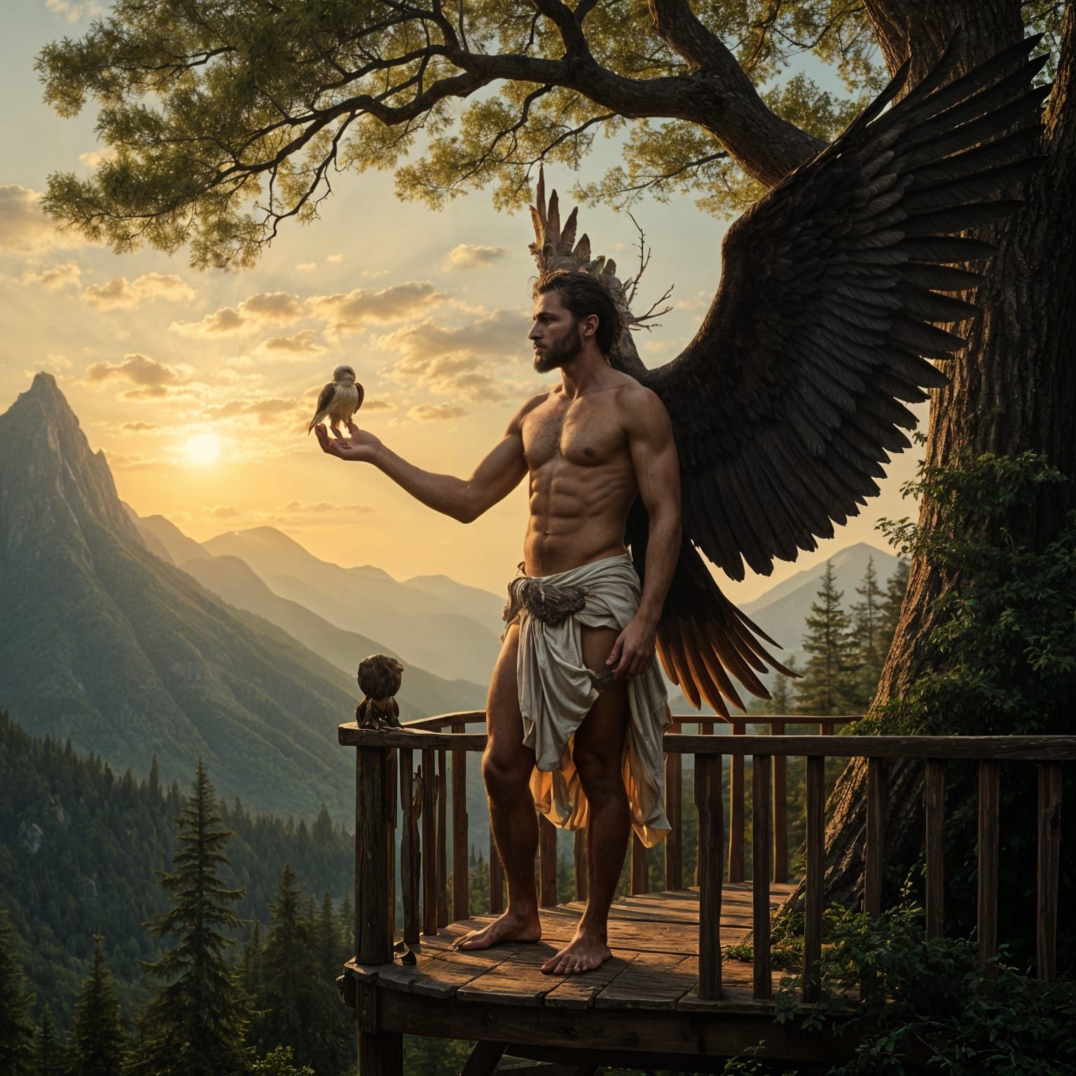 Eagle-Faced Man with Wings Holds Newborn Bird