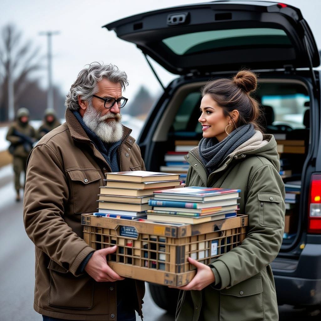 Man Gifts Books to Librarian Near Soldiers