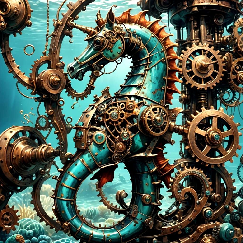 Steampunk Seahorse Drifting Through a Sunlit Coral Reef