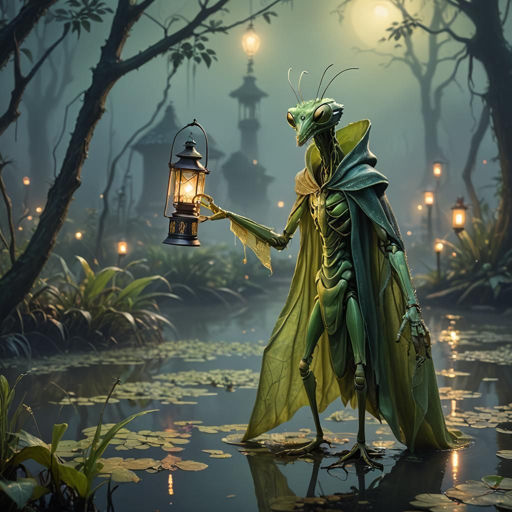 Ethereal Praying Mantis Lantern in Misty Swamp