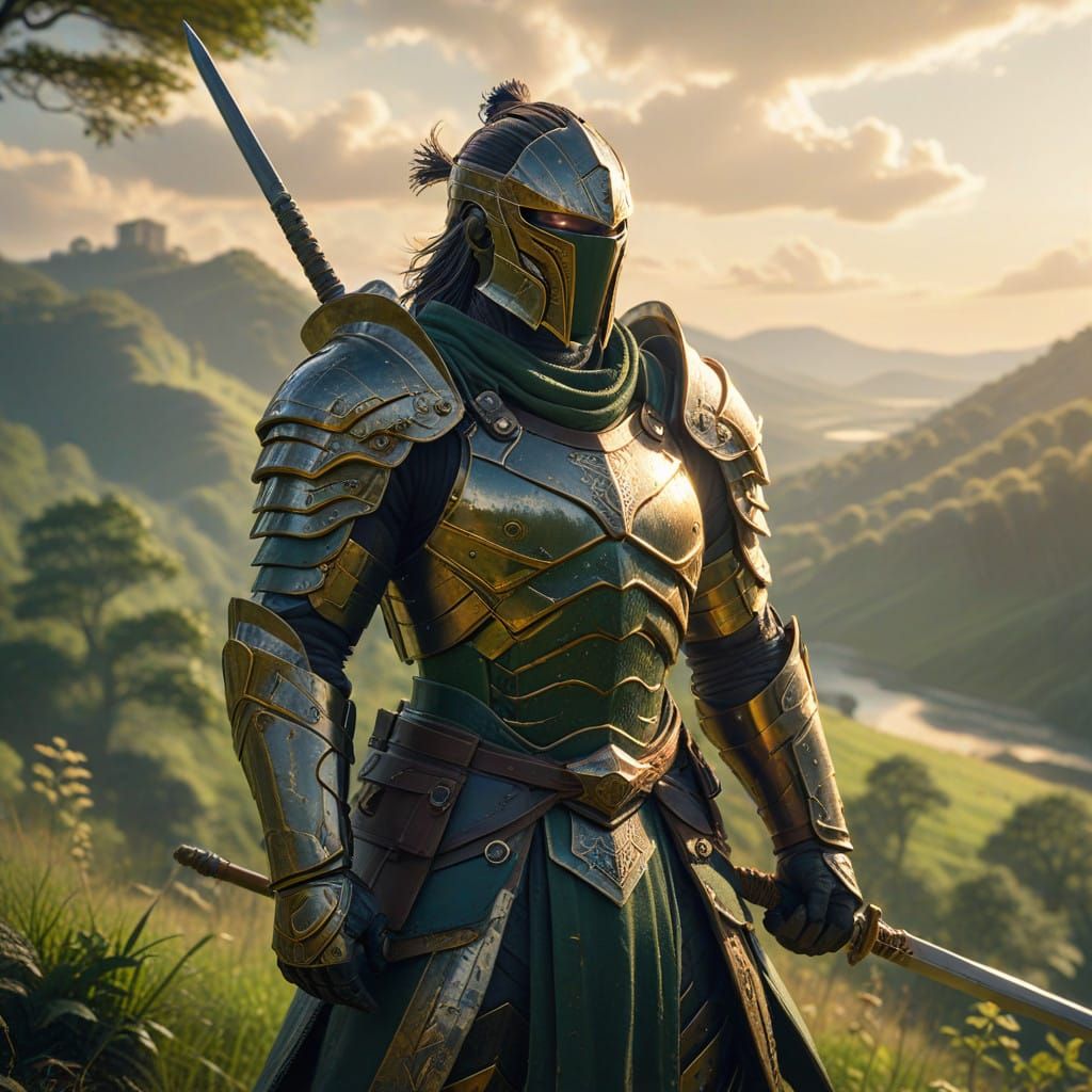 Serene Warrior in Golden Light, Defending a Dreamy Landscape