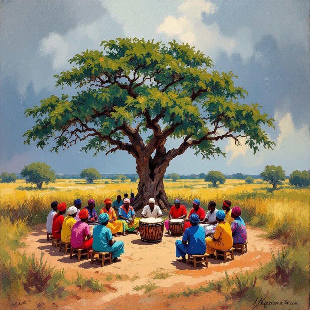 African Villagers Gather as Thunderstorm Brews: Impressionis...