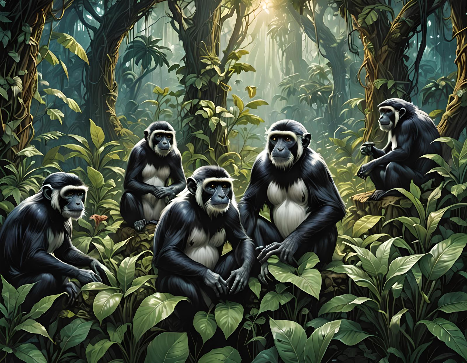 Colobus Monkeys in Monstrosa Plant: Holographic Comic Art