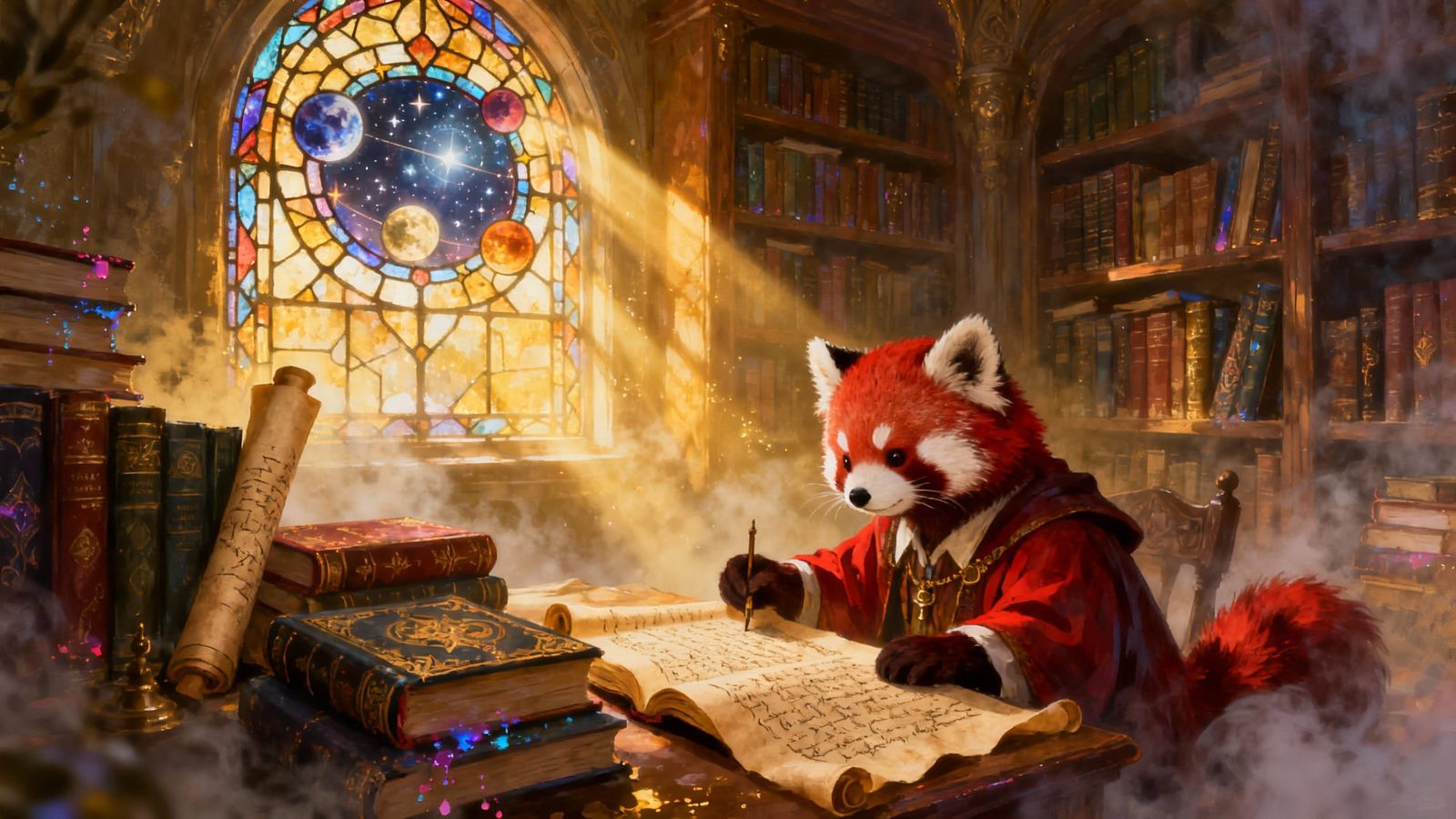 【#1070】A whimsical red panda dressed as a scholar, poring ov...