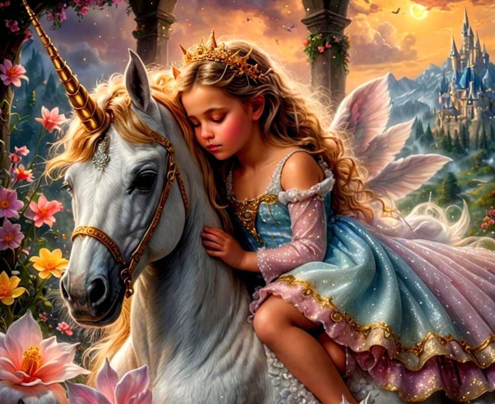 Baby Princess Sleeping with Unicorn: Hyperrealistic Ethereal...