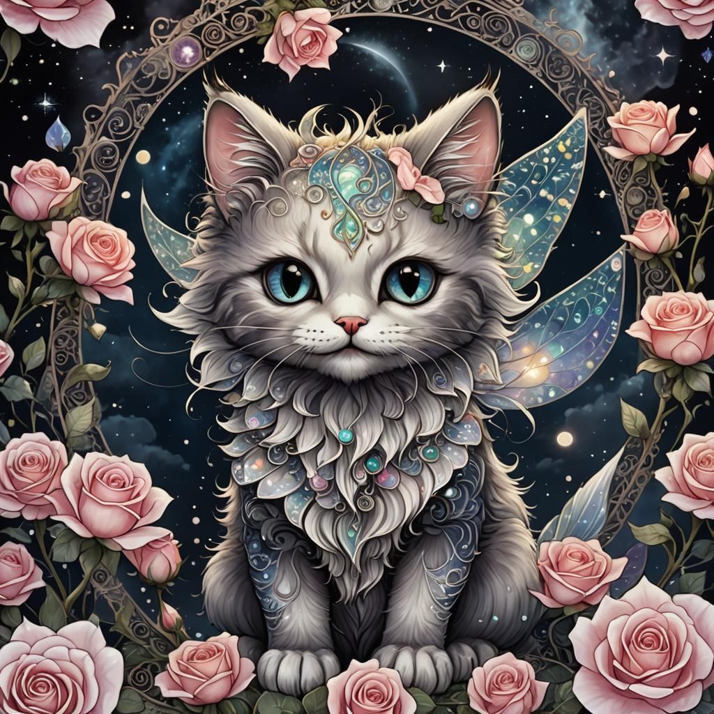 Ethereal Fairy Cat in Eldritch Ink Wash Dreamscape