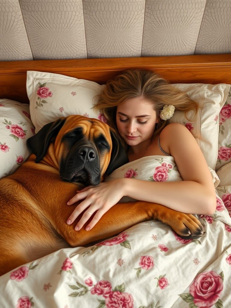 Sleeping Woman with Mastiff on Flowered Quilt