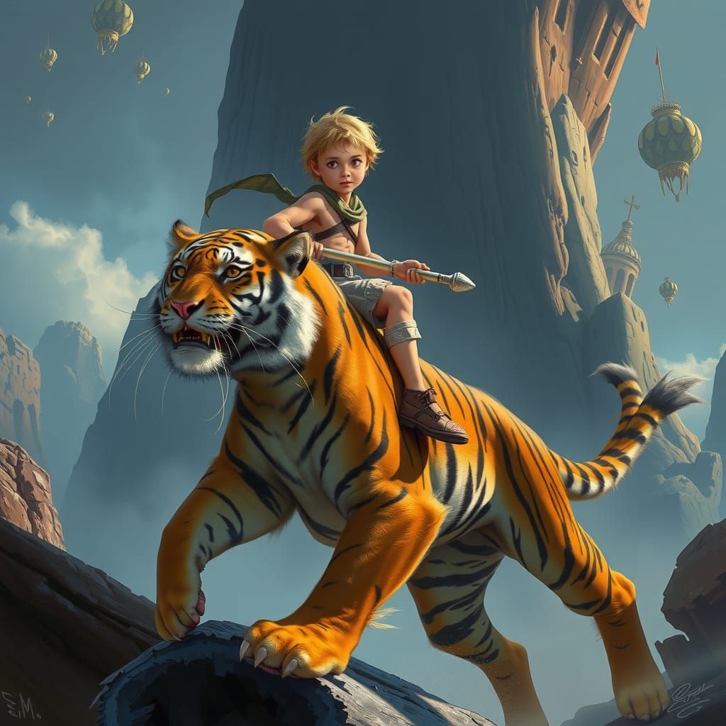 Boy Riding Tiger in Epic Fantasy Art Style