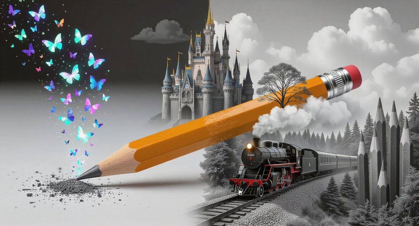 Surreal Pencil Transformation: Desk to Graphite Forest