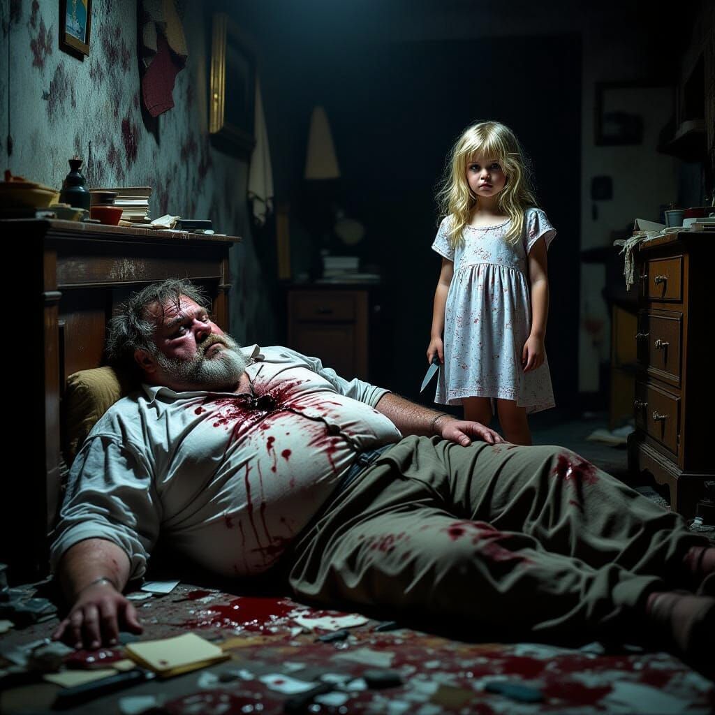 Disturbing Scene with Overweight Man and Girl in Dark Room