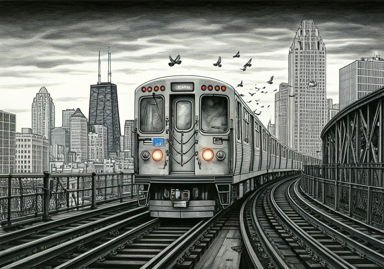 Realistic Pencil Drawing of Chicago CTA Train Amidst City Sk...