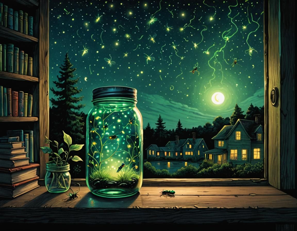 Fireflies in Jar, Tim Burton Night Drawing