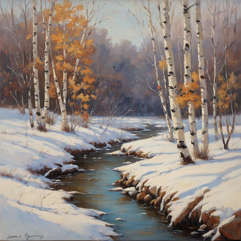 Snowy Forest Scene with Birch Trees and Gentle Stream