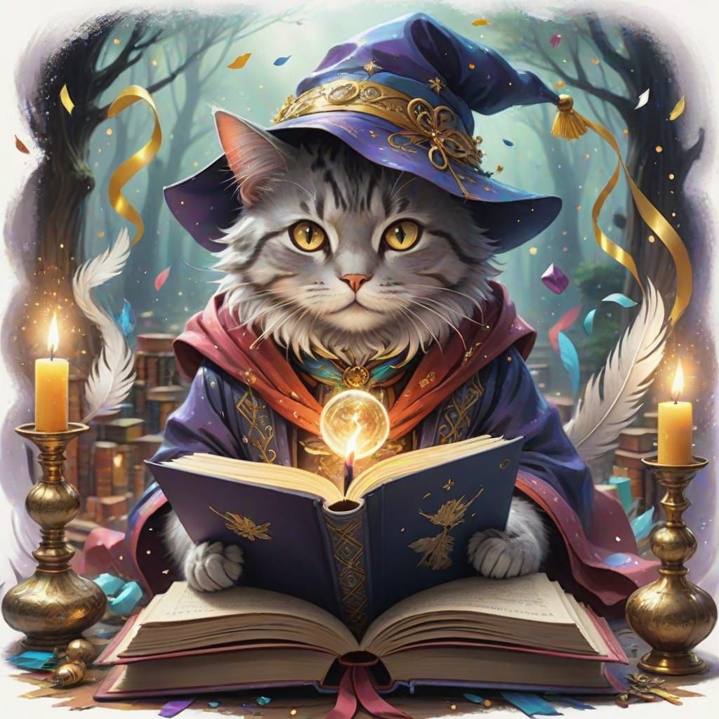Magical Cat Wizard Amidst Whimsical Surroundings in Anime St...