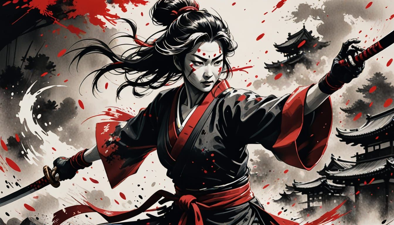 Tomoe Gozen Strikes: A Sumi-e Style Rendition