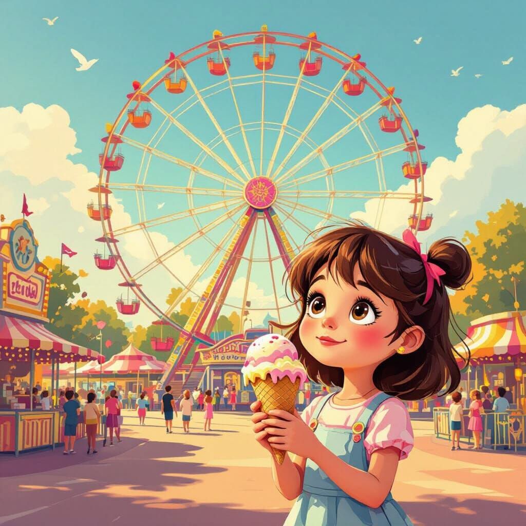 Girl with Melting Ice Cream at Amusement Park