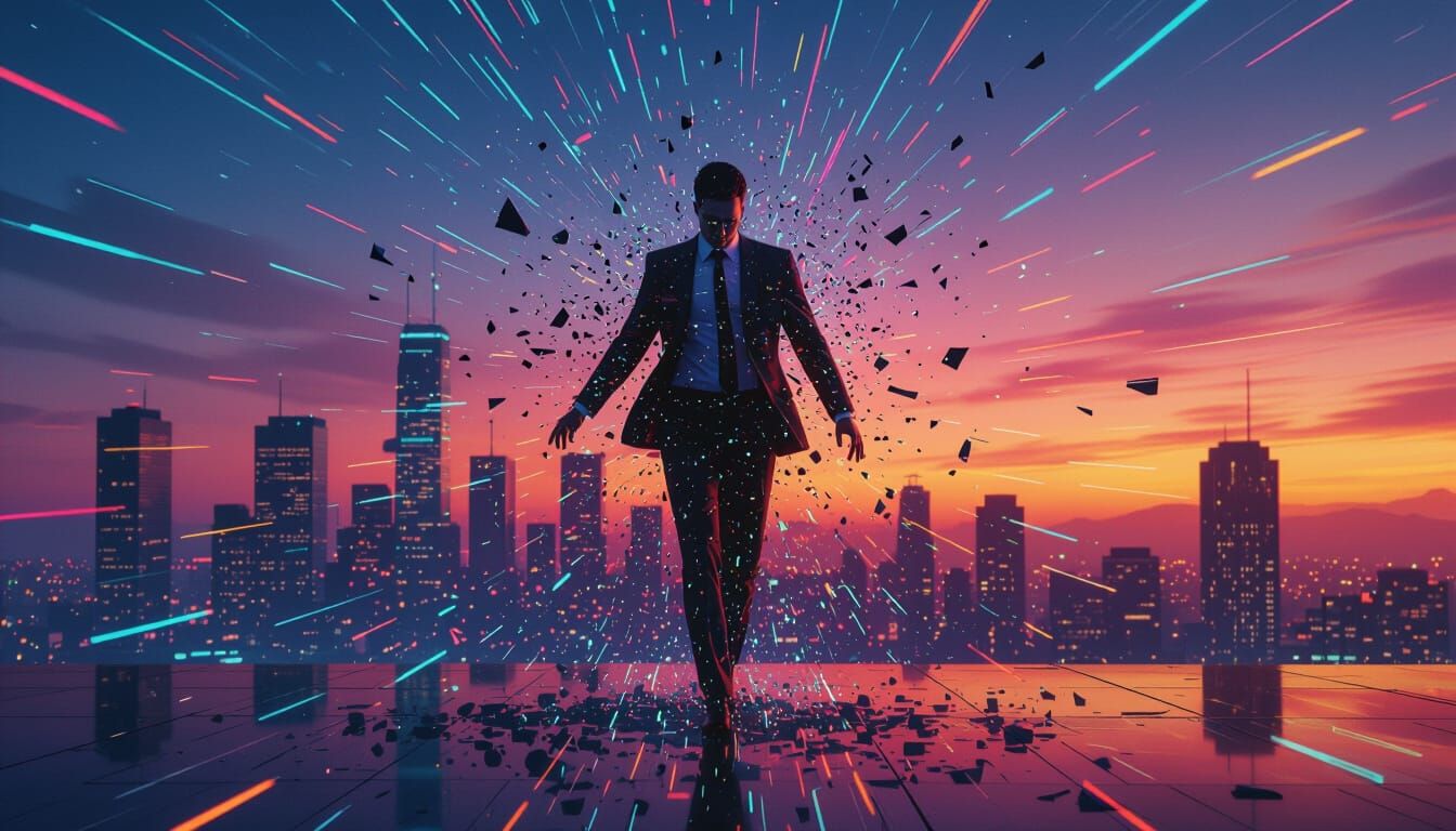 Pixelated Person Breaking Apart in Neon Cityscape