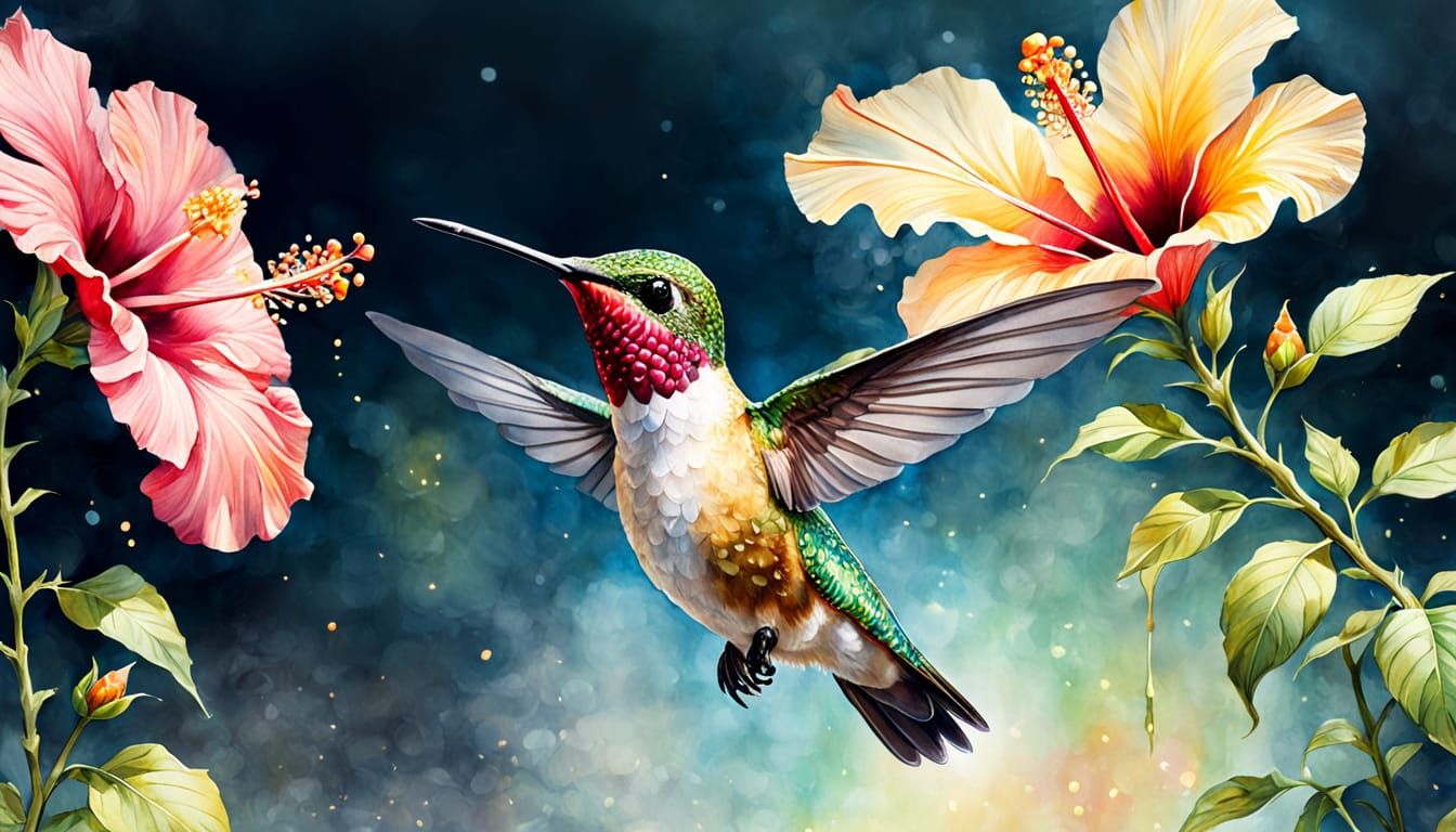 Hummingbird and Hibiscus in Surreal Watercolor Style