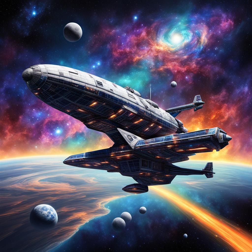 Plaid Spaceship Against Galactic Background