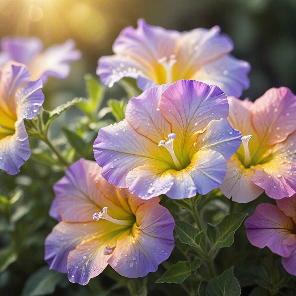 Macro Petunia Flowers Reflecting Morning Light