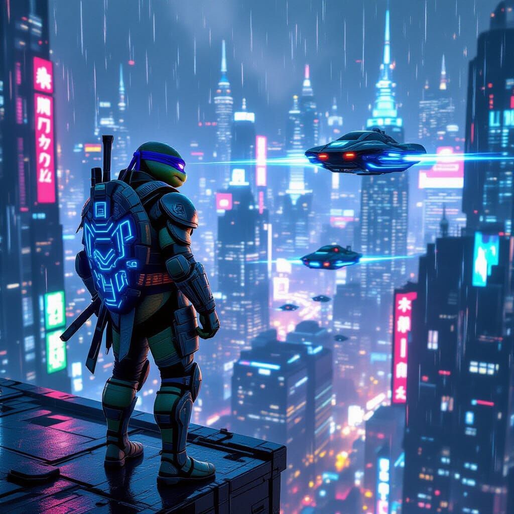 Teenage Mutant Ninja Turtle in Cyberpunk Metropolis