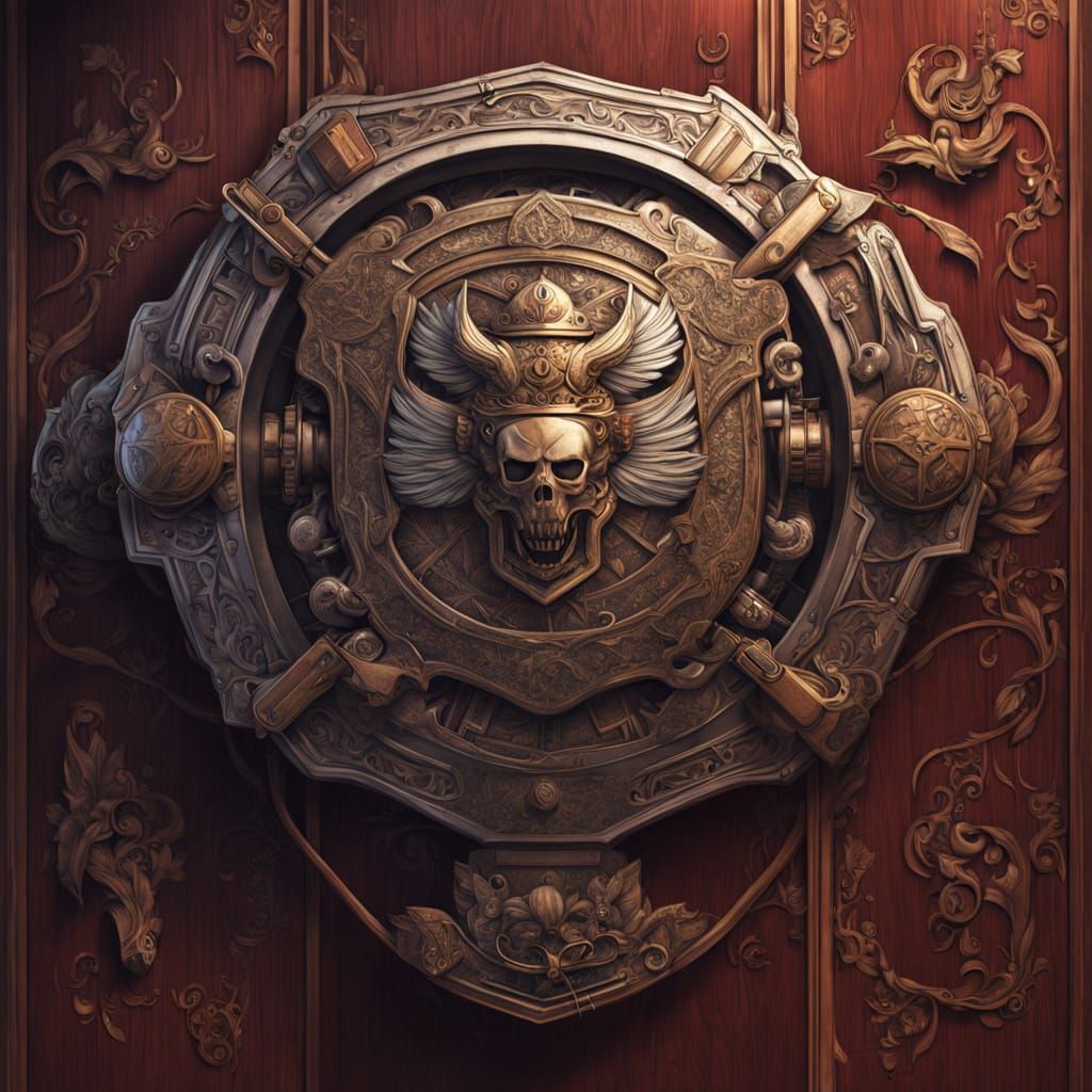 Intricate Family Crest Shield on Mahogany Wall