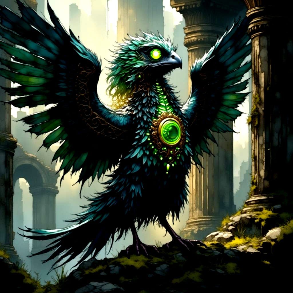 Majestic Mechanical Griffin Perched on Ancient Ruins