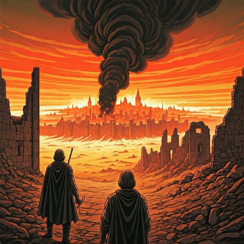 Dark Fantasy Ruins: Smoke Over Medieval City