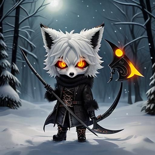 Undead Chibi Fox with Scythe in Watercolor Style